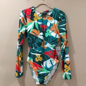 Vince Camuto Swimsuit One Piece Open Back Sz 10 Tropical Print Long Sleeve NWT